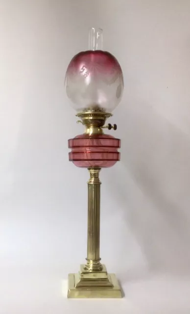 Antique Oil Lamp Cranberry Crystal Font Acid Etched Cranberry Satin Glass Shade