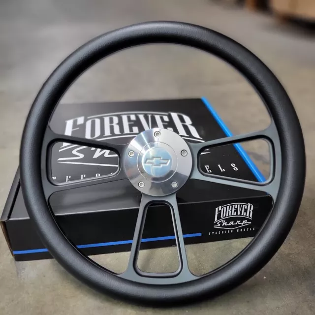 14" Black Billet Steering Wheel Vinyl Wrap Polished Licensed Chevy Horn + Hub