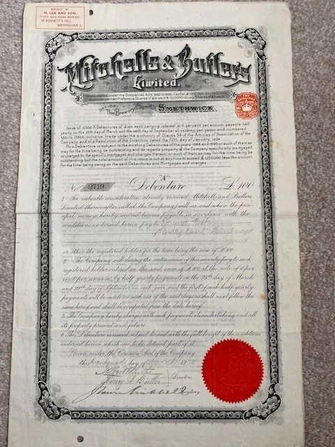 1905 Debenture Share Certificate with 2/6d Revenue impression 1905 Debenture Share Certificate with 2/6d Revenue impression