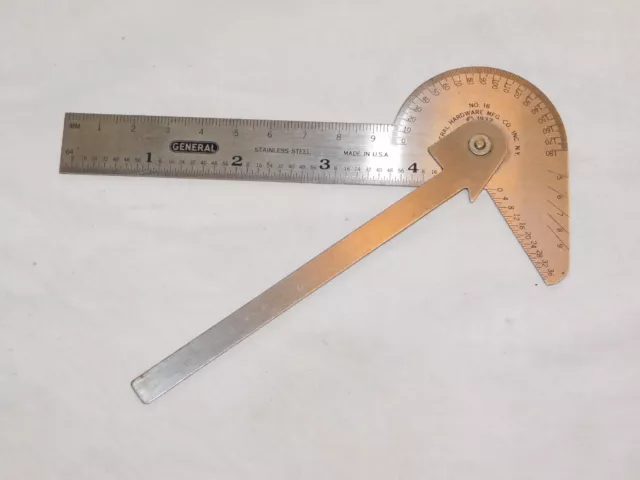 Vintage 1937 General Hardware NY No. 16 Stainless Steel Protractor Gauge