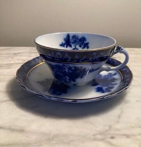 Antique Henry Alcock "Touraine" Flow Blue Floral Tea Cup and Saucer, England