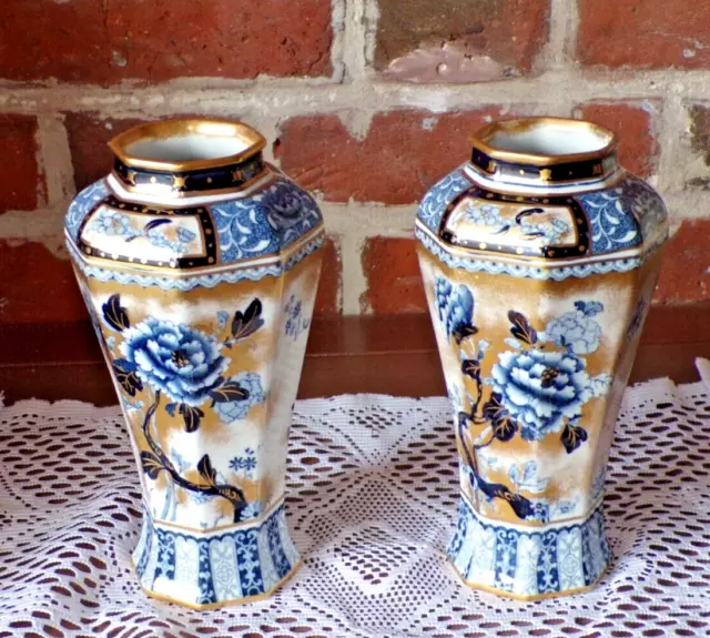 Decorative Pair Octagonal Antique Vases Keeling & Co Losol Ware Chusan L@@k VGC
