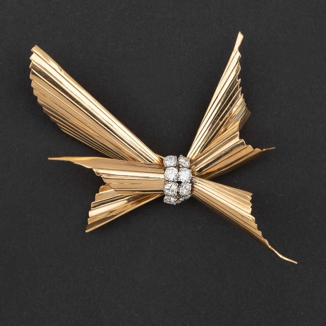 Broche Ancienne Art Nouveau En Or Jaune 18k - Ornée De Diamants, Motif PRINTEMPS