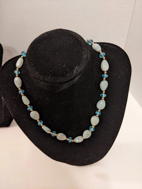 Handmade Blue Glass Bead Necklace  Dolphin Charm Plastic Blue Gold Beads  7 inch