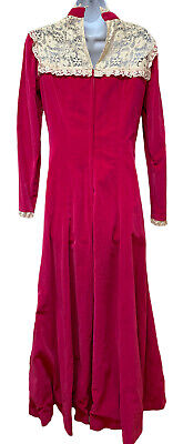 Vintage Victorian Style Hot Pink Heavy Velvet Lace High Neck Modest Maxi Dress 2