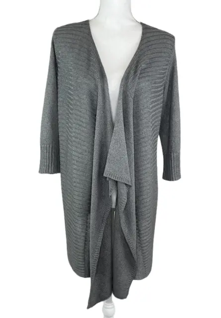 EILEEN FISHER Sz Small Linen Silk Cardigan Sweater Gray Open Draped Front Ribbed
