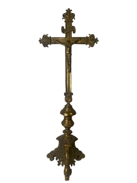 Antique Bronze Standing Altar Crucifix Catholic Cross