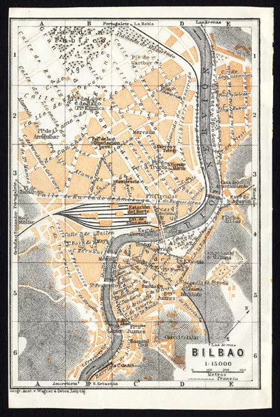 Antike Karte-SPANIEN-PLAN VON BILBAO-Karl Baedeker-1913