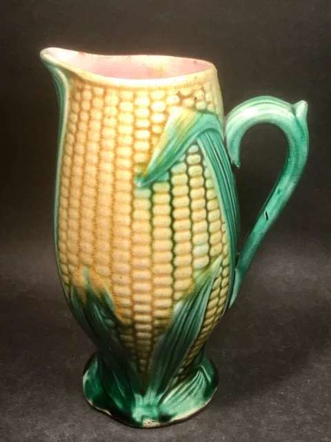 Antique Victorian Majolica Corn Pitcher Yellow Green