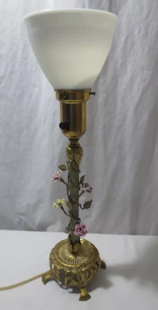 Vintage French Style Brass Antique Lamp W/ Porcelain Flowers W/Glass Shade