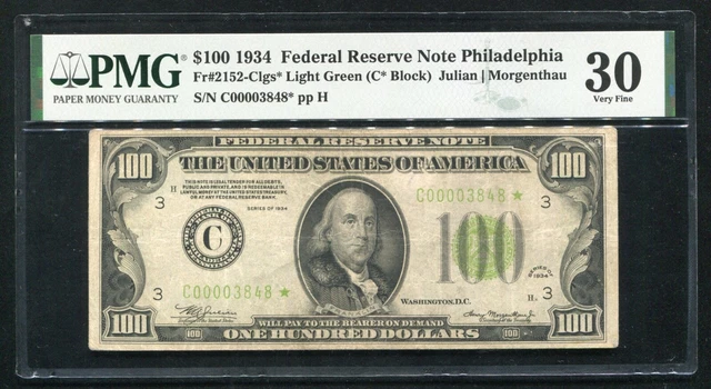 FR2152-Clgs* 1934 $100 *STAR* LGS LIGHT GREEN SEAL FRN PHILADELPHIA,PA PMG VF-30