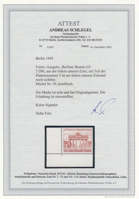 Berlin 1949: MiNr. 59, postfrisch, Eckrand E3, PlattenNr. 3, BPP Attest