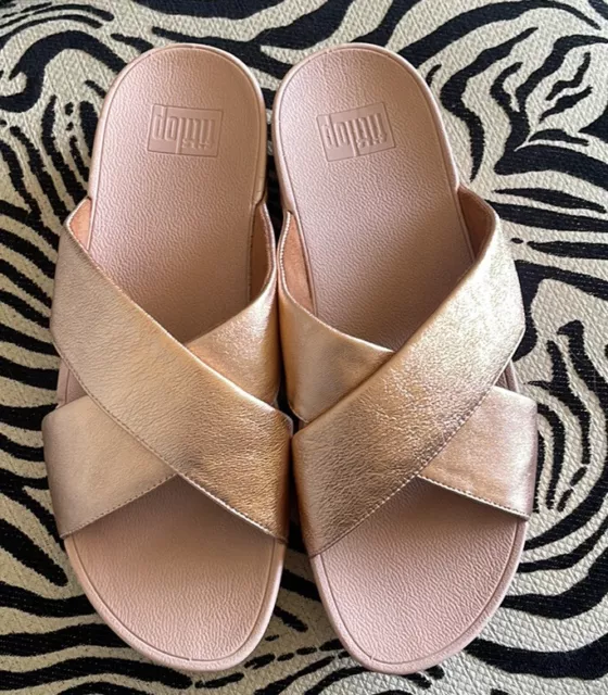 FitFlop Sandals Womens Lulu Cross Glitz Slide Rose Gold Platform Open Toe Sz 10