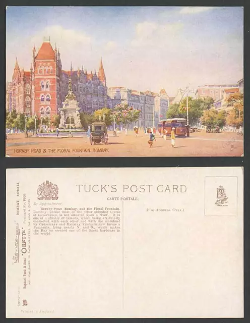 India Old Tuck's Oilette Postcard Hornby Road Floral Fountain Bombay TRAM Street