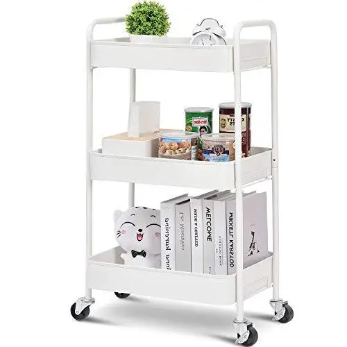 3-Tier Rolling Cart, Metal Utility Cart with Lockable Wheels, Storage White