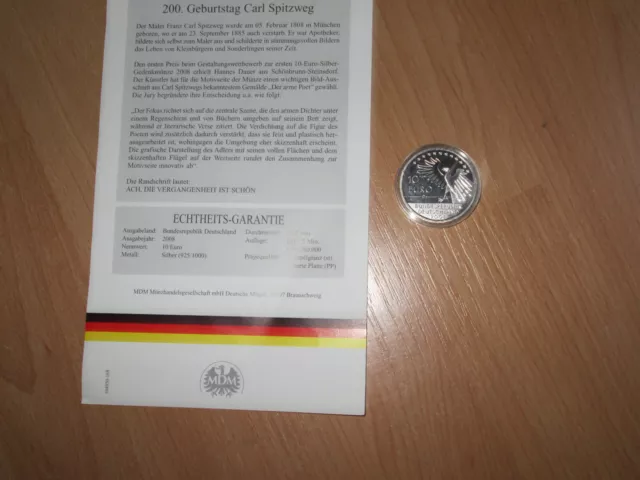 10 Euro Gedenkmünze 2008 - 200.Geburtstag Carl Spitzweg - Silberm. m. Zertifikat 2