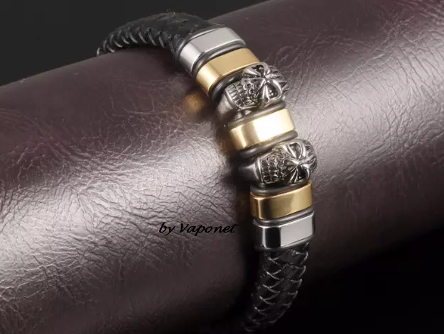 Bracelet homme cuir noir crâne argent or acier inoxydable bracelet gothique 3