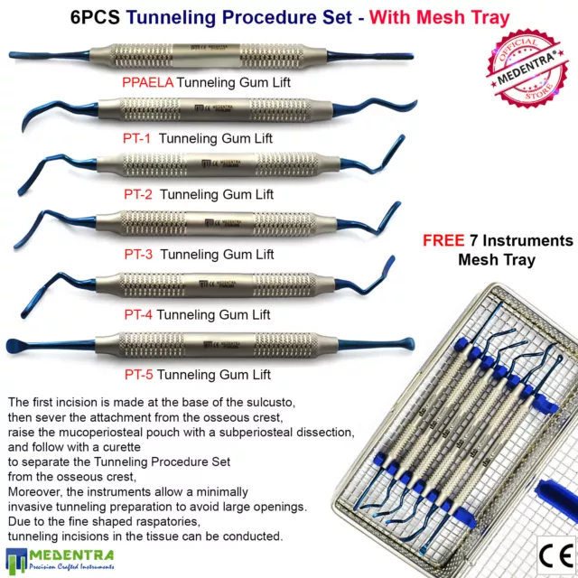 6Pcs Dental TUNNELING Periotome Kit PPAELA Flaps Gum Tissue Surgery Implant+Tray