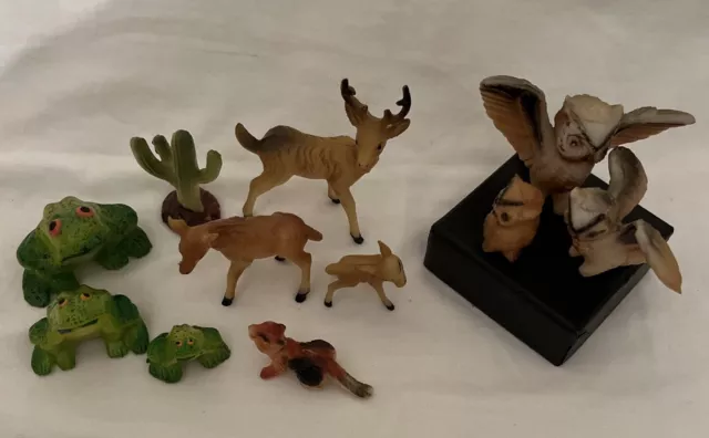 ❤️Vtg Lot Of 11 Celluloid Animal Figurines. Owls, Deer, Frogs, Chipmunk, Cactus