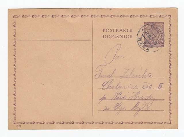 Böhmen und Mähren Postkarte Raná Ranna nach Nové Hrady 1941