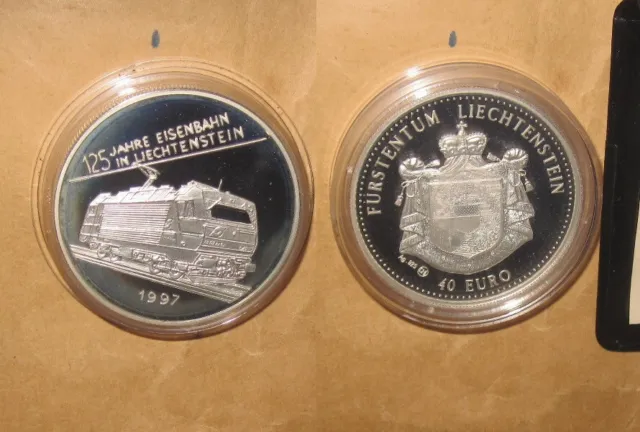 1997 Liechtenstein 125 Jahre Eisenbahn Railway Piedfort 40 E Proof Silver Coin w