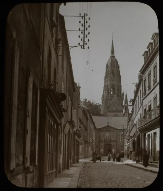 ANTIQUE Magic Lantern Slide BAYEUX STREET SCENE 1908 EDWARDIAN PHOTO NORMANDY