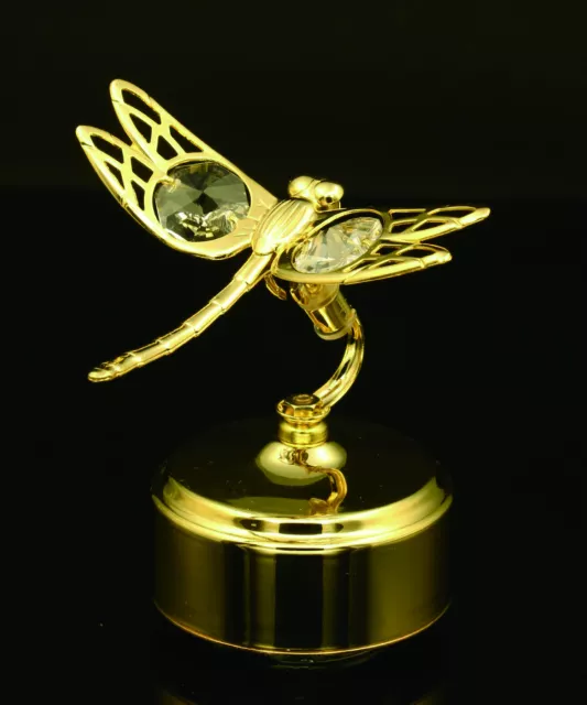 Swarovski Crystal Studed Rotating Dragonfly Mechanical Music Box 24K Gold Plated