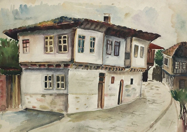 TABLEAU ANCIEN AQUARELLE paysage maison de village EUR 129,00 - FR