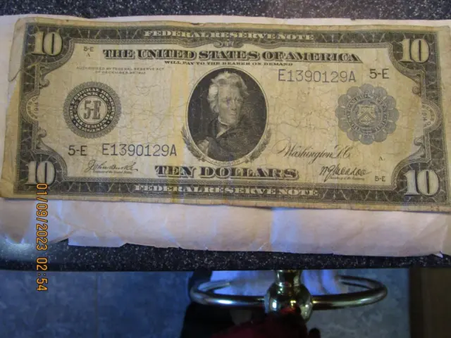 1914 $10 Ten Dollar Federal Reserve Note Large Sz Blue Seal Richmond Virginia 5E