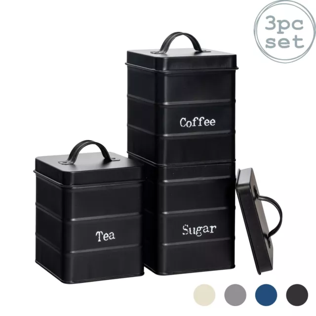 3x Tea Coffee Sugar Canisters Storage Set Kitchen Jars Vintage Tin Metal Black