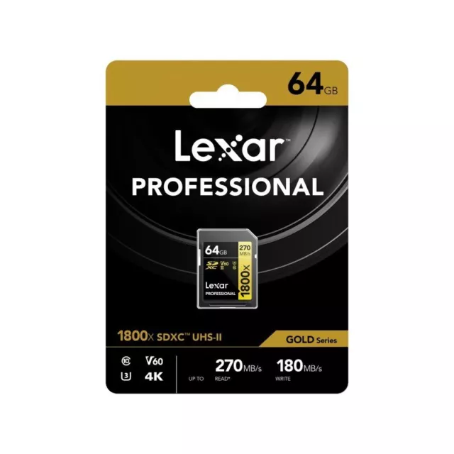 Lexar Professional 1800x Gold Series 64GB/128GB/256GB SDXC UHS II V60 Memory -UK