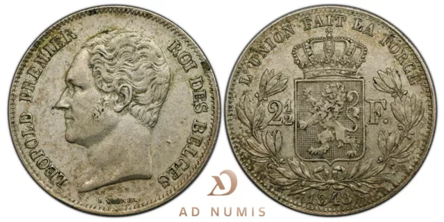 Belgique 2 1/2 francs 1848 Léopold I Petite tête Bruxelles TTB+ Argent Monnaie