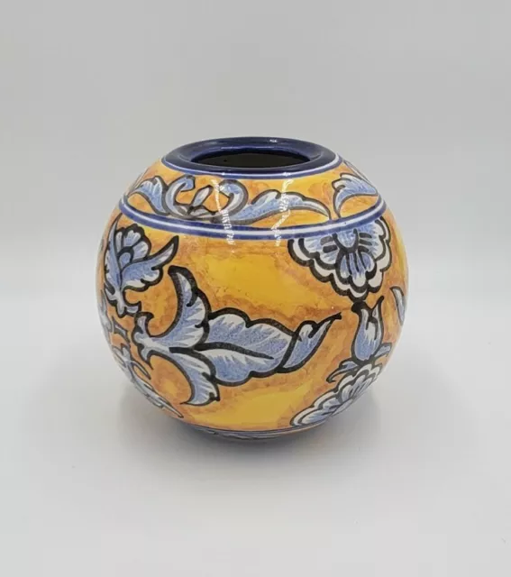 Vintage Yellow with Blue Design Bowl Planter / Vase Ceramic Pottery 7"