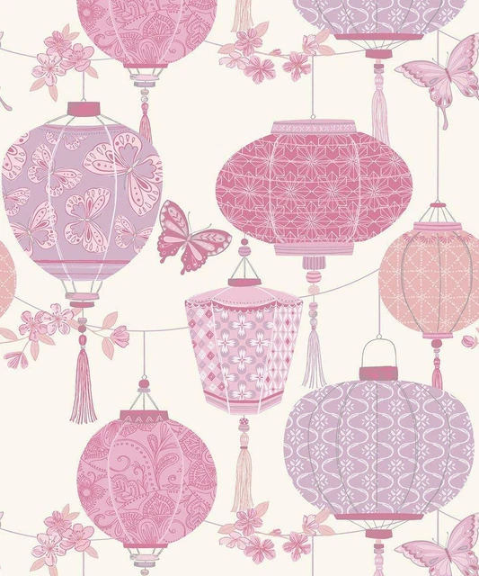 Schmetterling chinesische Laternen orientalische Tapete blau rosa silber metallic Rasch