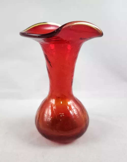 Crackle Glass Bud Vase Ruby Red Amberina Ruffled Rim Glows - 5.5