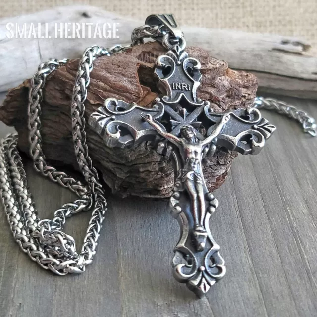 Large Christian Crucifix Cross Necklace Stainless Steel Pendant Chain Men Rope