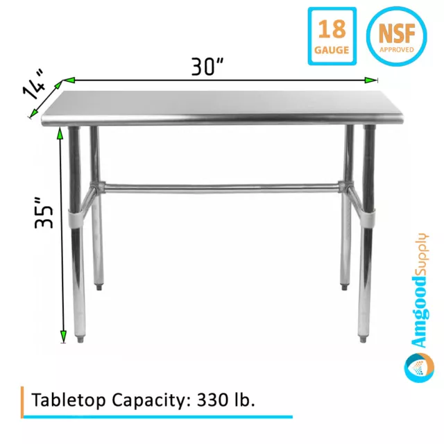 14" X 30" Stainless Steel Open Base Table | NSF Prep Metal Work Table