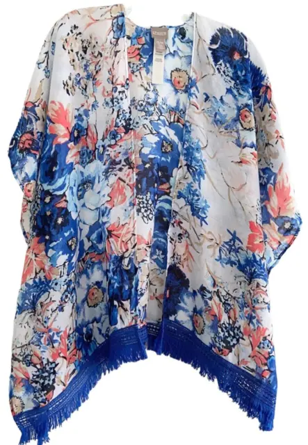 Chicos Floral Kimono Wrap Size S M Fringe Topper Boho Cardigan Ruana White Blue