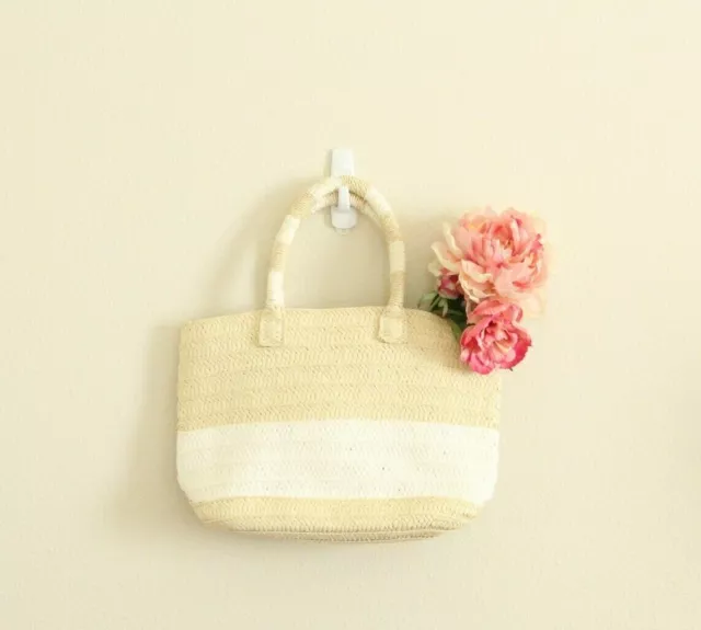 ALTRU Straw Tote Handbag Shoulder Bag Beige White Striped Women's Beach Boho