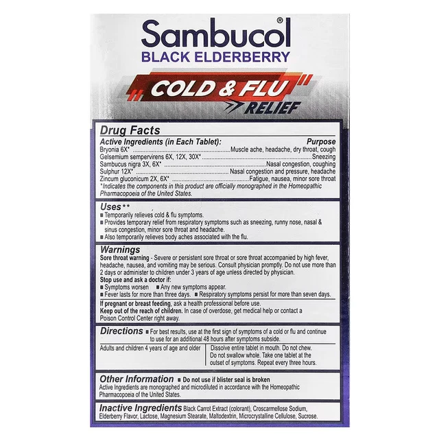 SAMBUCOL, BLACK ELDERBERRY, Cold & Flu Relief, 30 Tablets, Expiry2026
