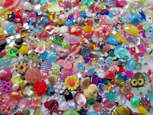 Assorted Embellishments Acrylic Glass Resin Charms Beads Flatback Cabochons 30+