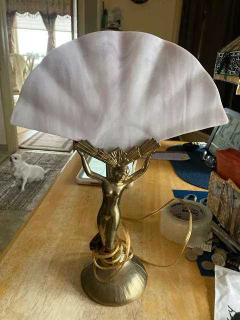 "Winged Victory" Art Deco Nude Lady Lamp Fan Shaped Glass Shade L&L WMC WORKS