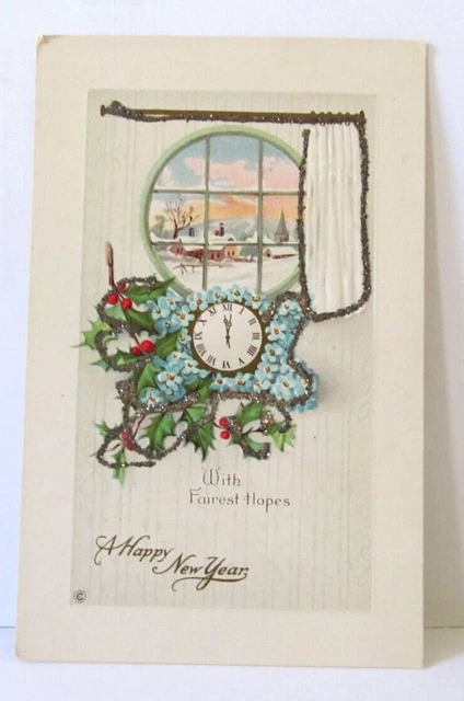 Vintage Post Card Happy New Year Early 1900'S Glitter Front Uposted Divided Back