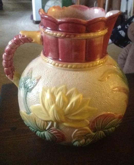 Antique Majolica Pitcher Water Lily Yellow Flower Lily Pad Yellow & Green & Tan