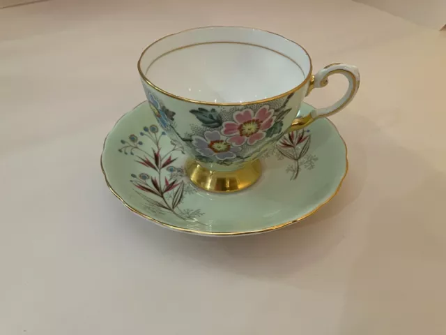 Tuscan Fine English Bone China Tea Cup & Saucer, Green and gold, floral motif