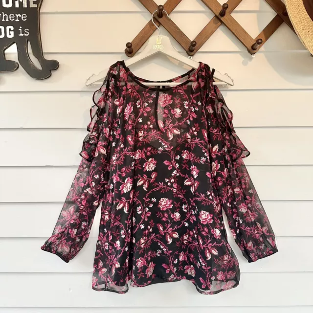 Old Navy Black Floral Cold Shoulder Top Size Medium Ruffle Detail Semi Sheer