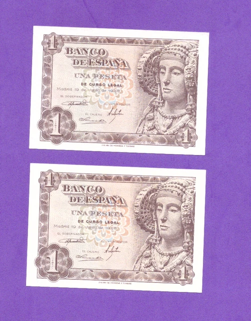 Spaiin-Banknote    Rare  Consecutive Pair  -  1   Pesetas  1948 -  Unc/Gem