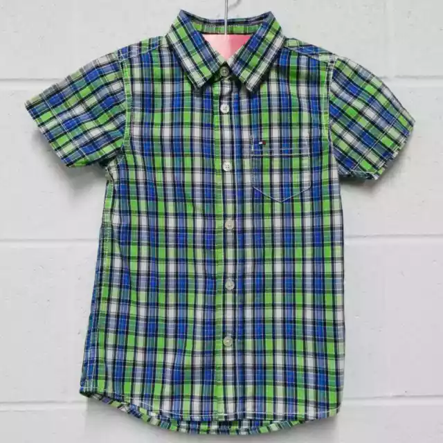 TOMMY HILFIGER BOYS 4T blue green plaid button up short sleeve top ...