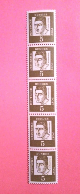Bund 347y R, ZÄHLNUMMER 0010, Bed. Deutsche 5er Fünferstreifen von Rolle postfr.