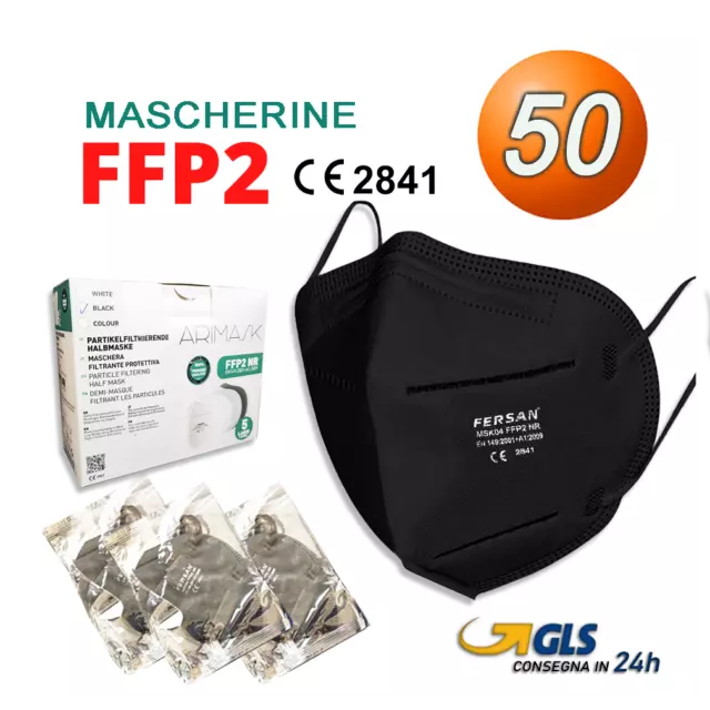 50 Mascherine FFP2 certificate CE 2841 senza valvola Nera DPI 5 Strati filtranti